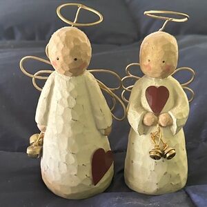 Rustic Angel Figurines with Heart and Bell Accents
